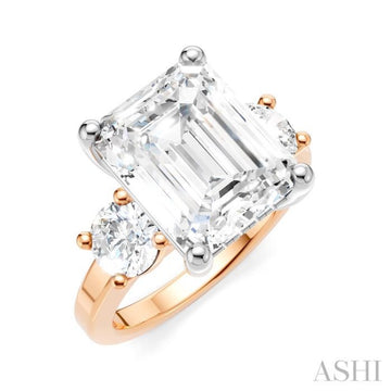 1 1/10 Ctw Tri-Mount Emerald Shape Center Round Cut Diamond Semi-Mount Engagement Ring in 14K Rose and White Gold